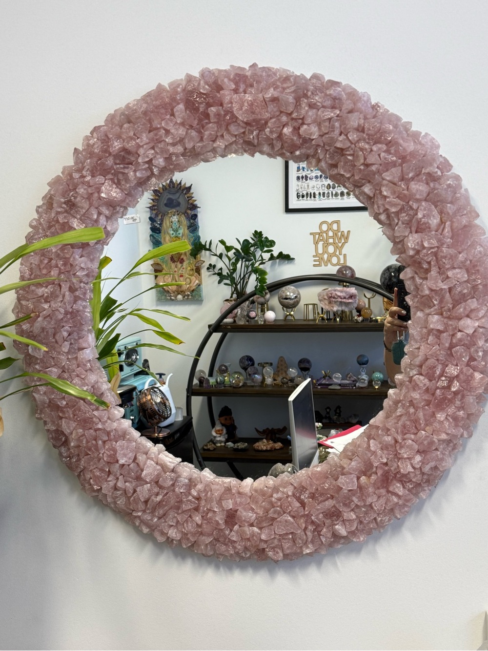 Rose Quartz Crystal Round Wall Mirror - Pink Decorative Mirror